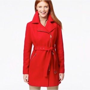 NWT MICHAEL Michael Kors Red Wool Coat Asymmetrical Zipper & Gold Accent & Belt